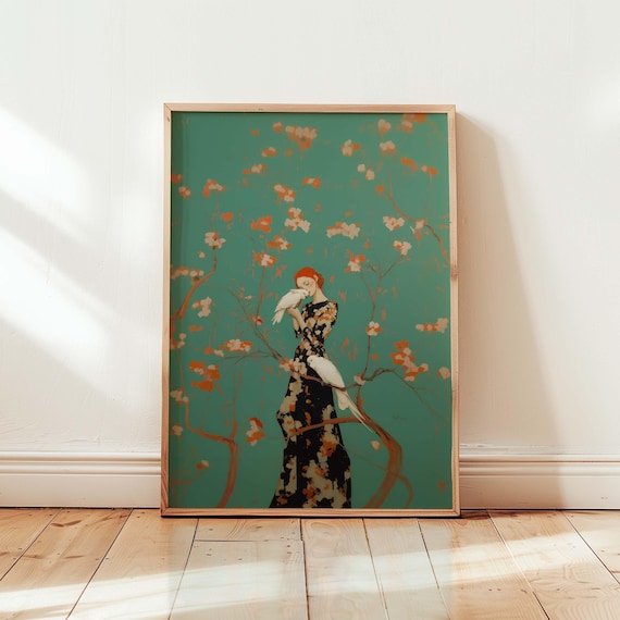 Cockatoo Art Print Modern Colorful Animal Wall Woman And Illustration Vibrant Contemporary Decor Eclectic Bird