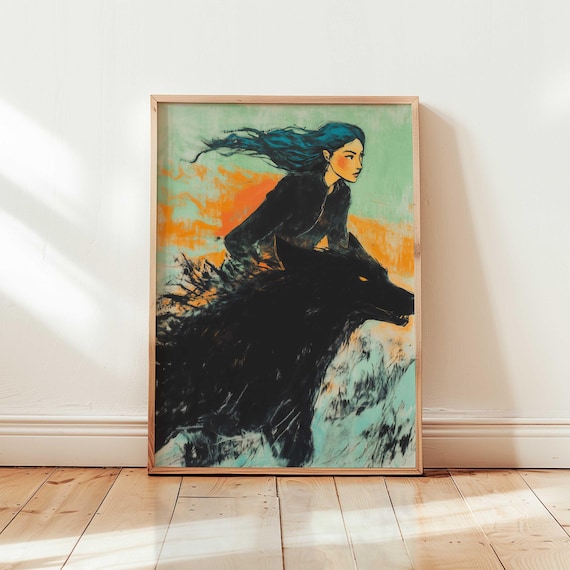 Wild Woman And Wolf Print Feminine Power Art Mystical Dark Decor Nordic Mythology Wall Shadow Work Spiritual
