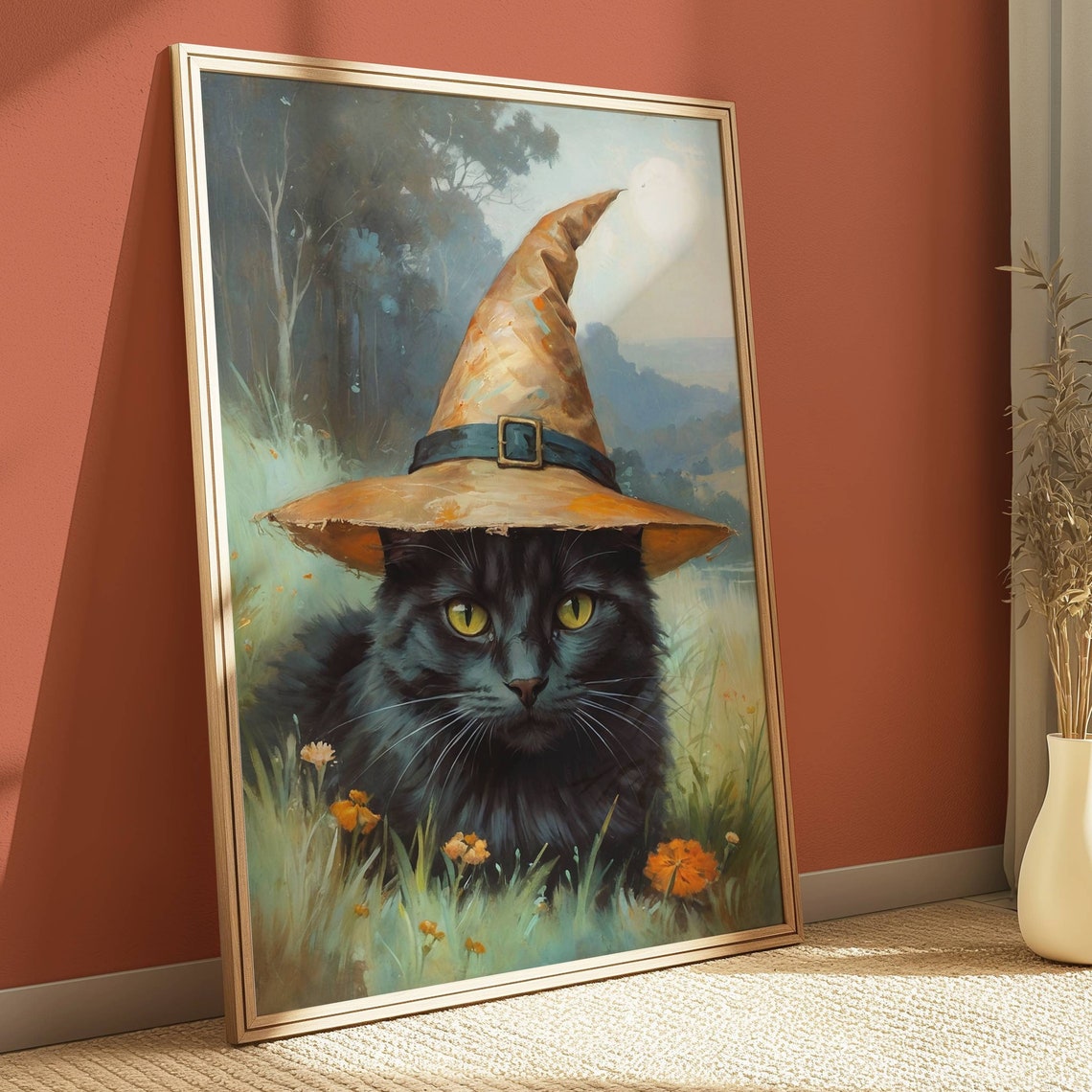 Black Cat Wearing An Orange Witch Hat In A Wildflower Meadow Poster - Image 3