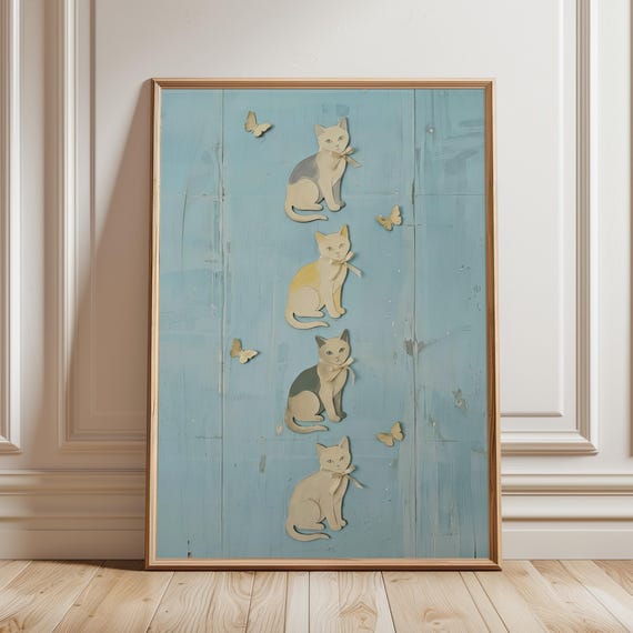 Vintage Cat Wall Art Print Grandmillennial Blue Wood Pastel Baby Poster Whimsical Cottagecore Girls Room Decor Cute Blye Ribbon Bow Gift