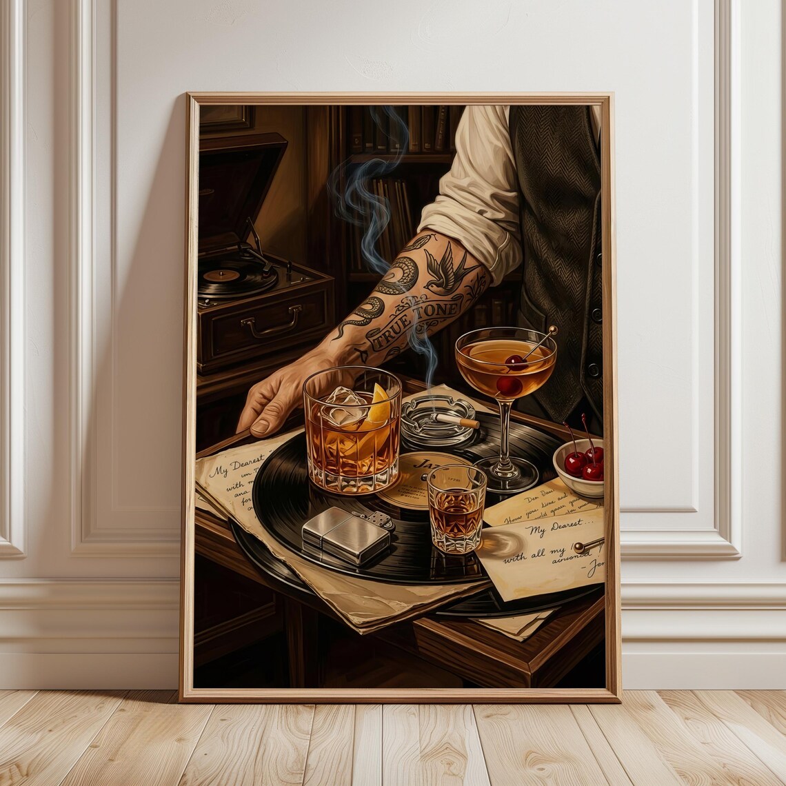 Moody Bartender Cocktails Vinyl Record Tattooed Bar Speakeasy Poster