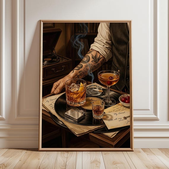 Moody Bartender Art Print Dark Jazz Club Cocktail Lounge Decor Tattooed Server Poster Speakeasy Whiskey Bar Printable Digital Download