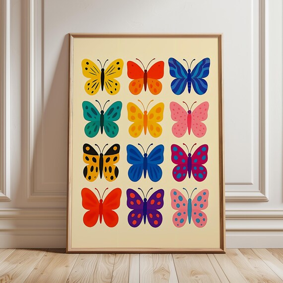 Twelve Colorful Cartoon Butterflies Grid Fluttery Garden Poster