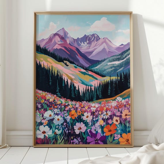 Vibrant Mountain Meadow Art Colorful Wildflowers With Majestic Peaks Bold Floral Landscape Canvas For Bright Energizing Home Decor