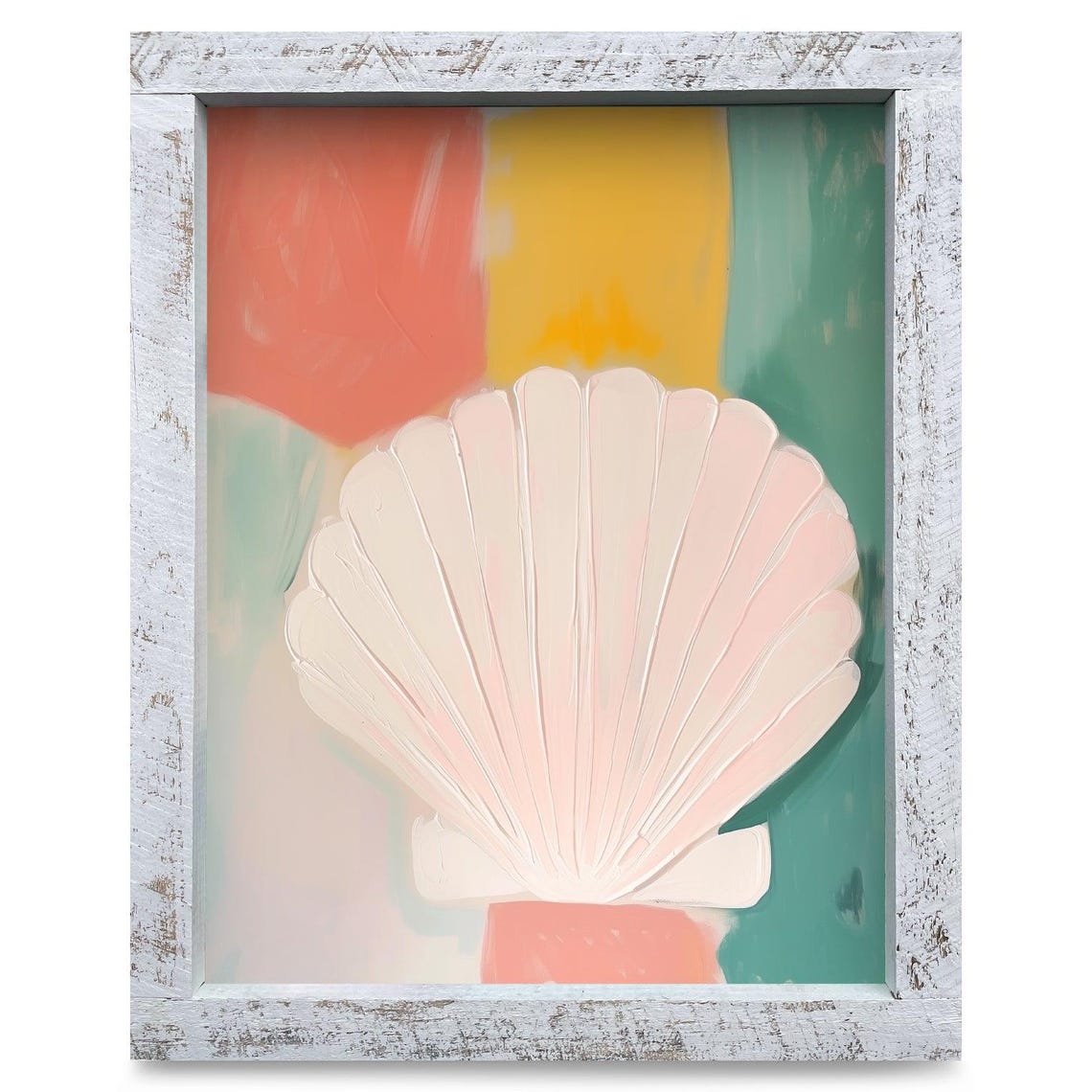 Blush Scallop Shell Resting On Colorful Coastal Abstract Art Poster