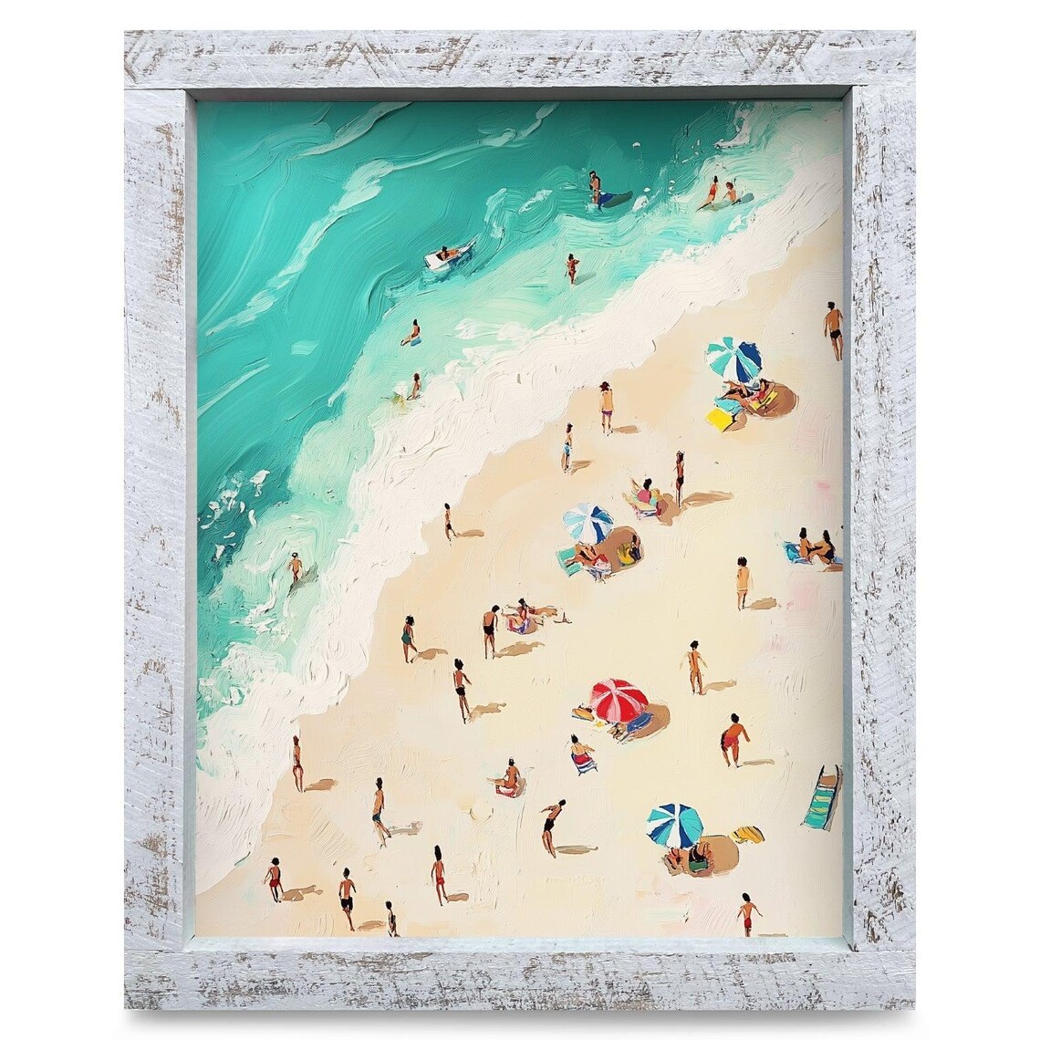 Busy Summer Beach Aerial View Crowd Coastal Painting Scene Poster