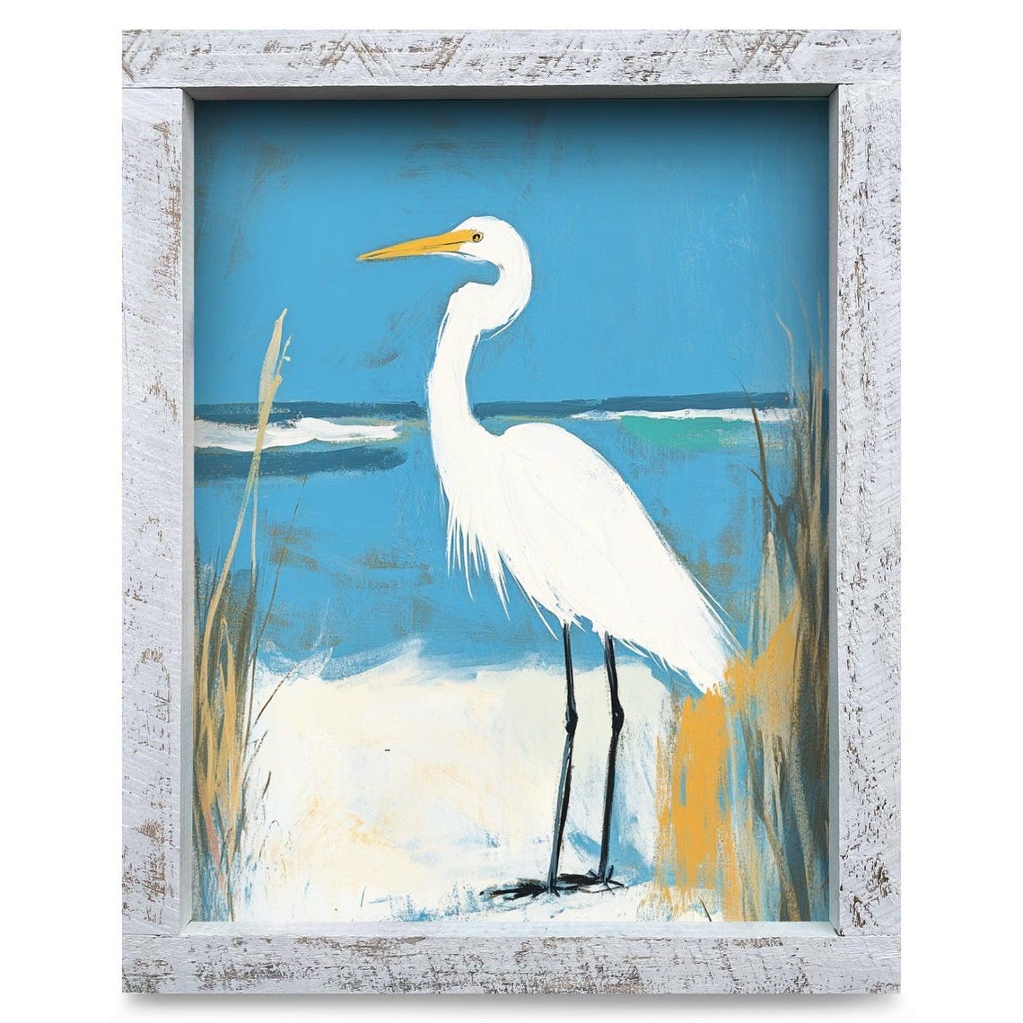 Blue Sky Egret Real Wood Framed Wall Art Print