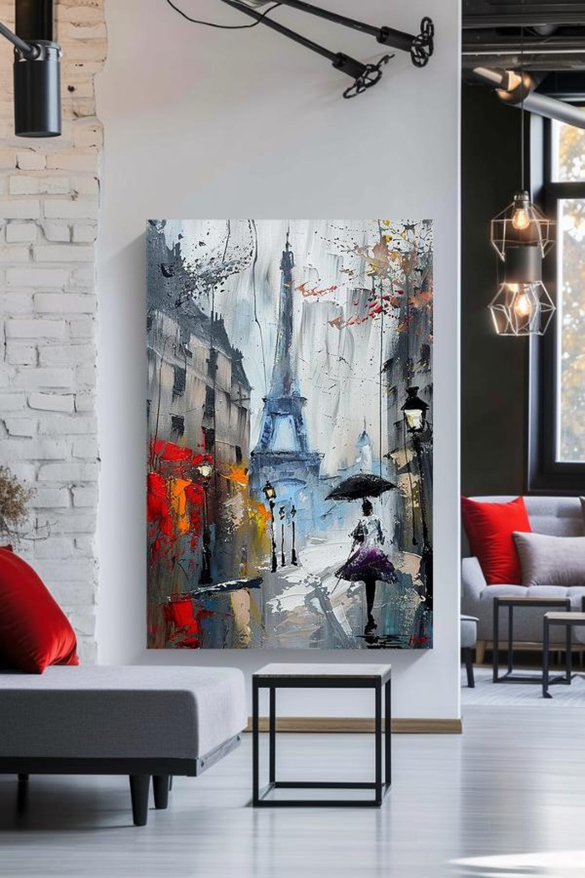 Rainy Paris Street with Eiffel Tower and Umbrella Painting Poster