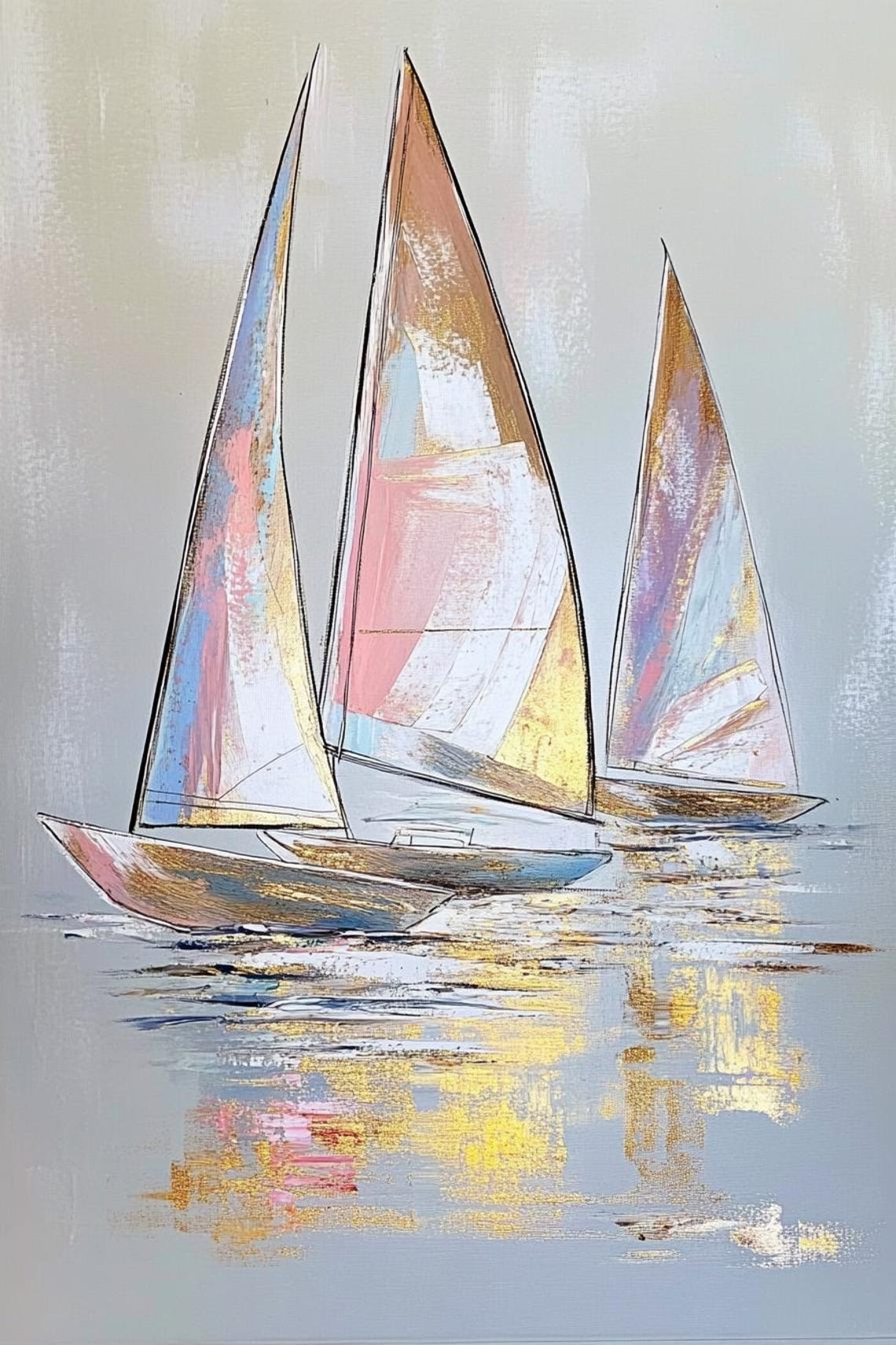Three Sailboats at Sunset with Pink Sails Seascape Painting Poster - Image 2