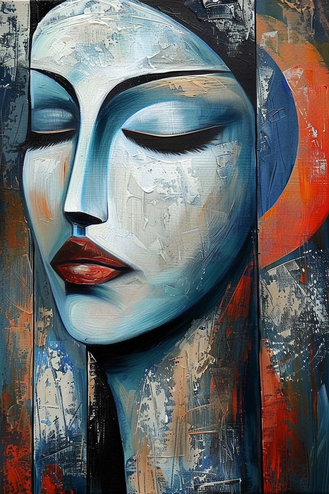 Serene Blue Woman Face Eyes Closed Red Lips Modern Art Poster - Image 2