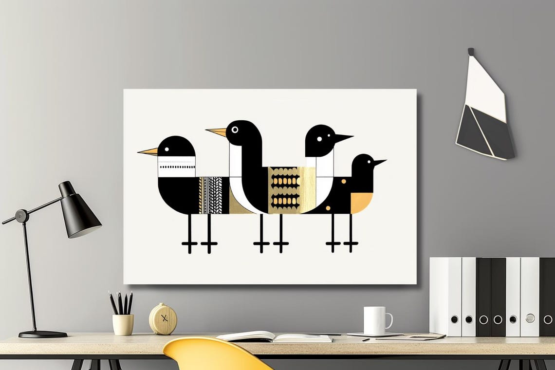 Geometric Black Gold Patterned Birds Mid Century Modern Poster - Image 3