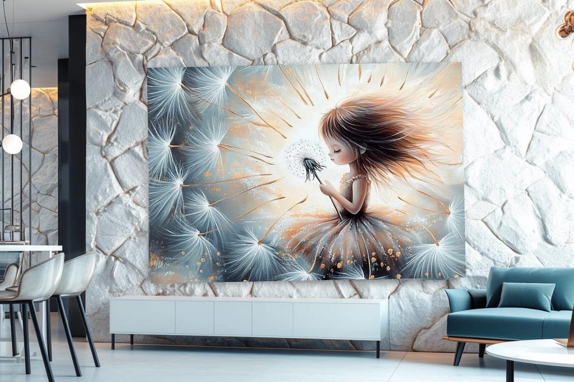 Girl Blowing Dandelion Seeds Dreamy Kids Room Wish Art Poster - Image 3