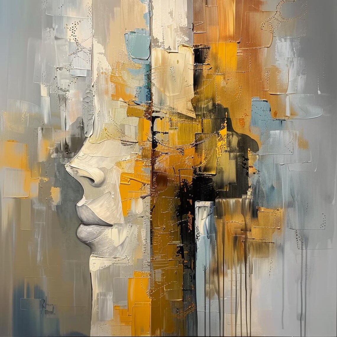 Abstract Woman Profile in White with Amber Palette Knife Art Poster - Image 2