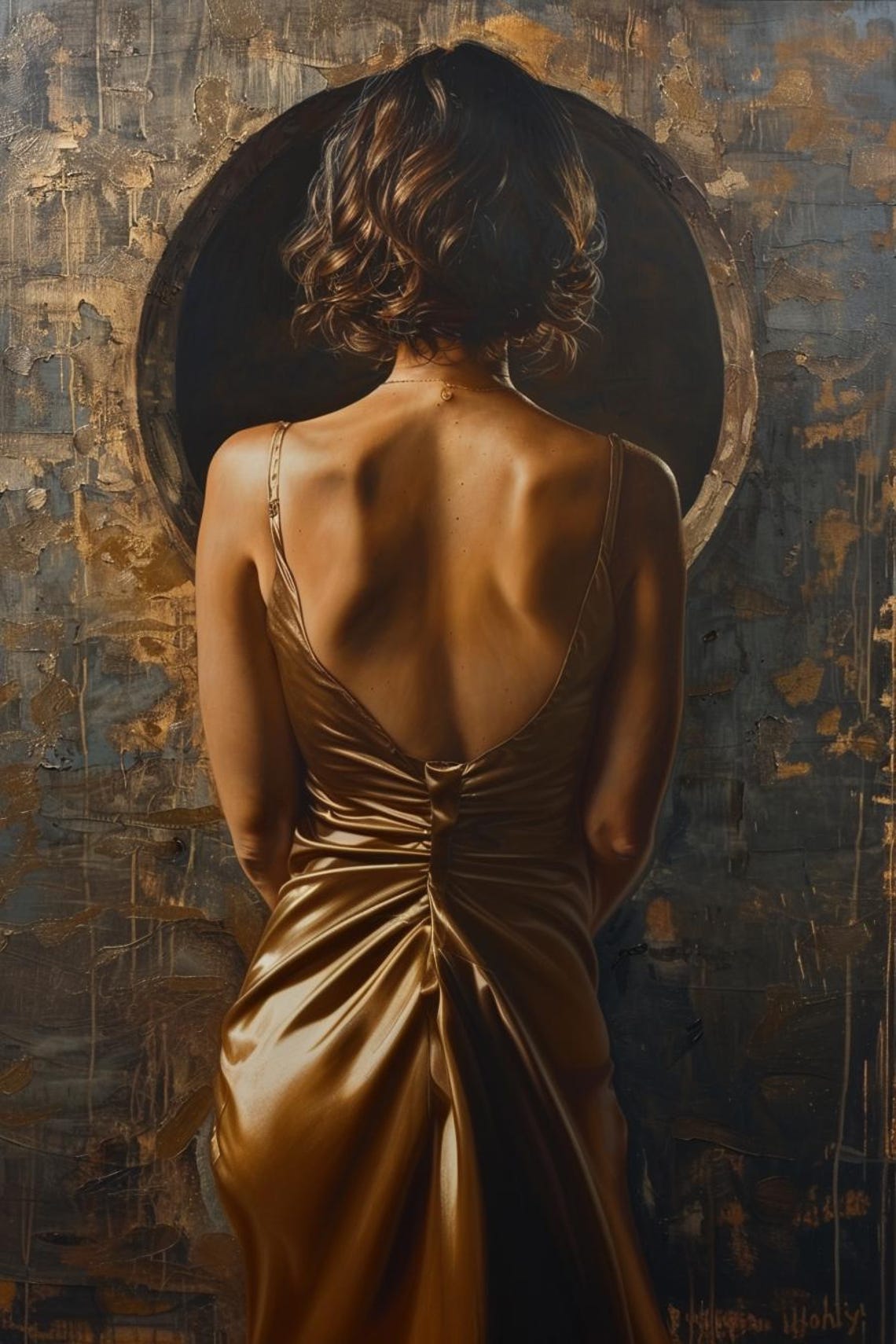 Elegant Woman In Flowing Gold Gown Before Dark Moon Circle Poster - Image 2