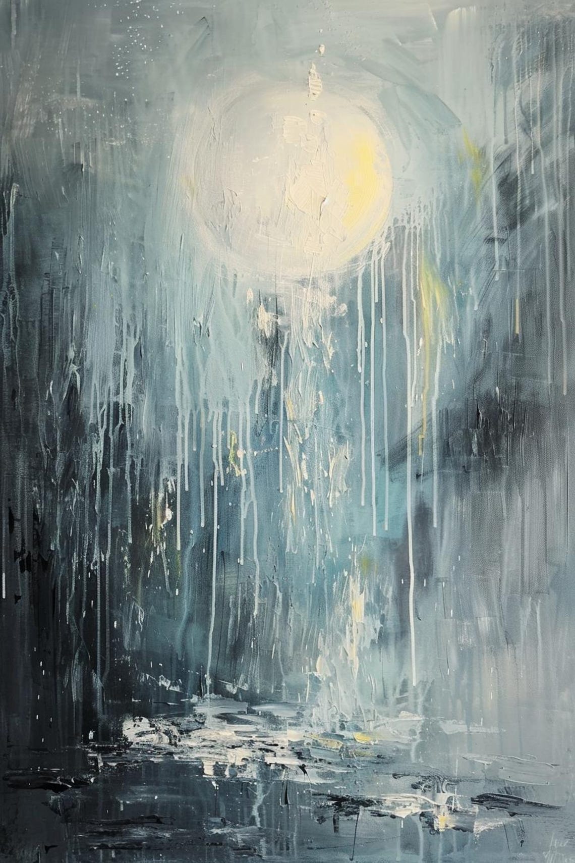 Glowing Moon Through Dripping Teal Rain Moody Abstract Poster - Image 2