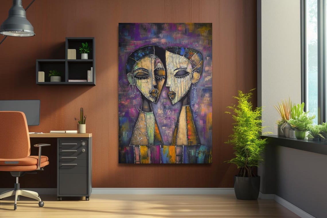 With You Cubist Loving Couple Faces In Warm Colors Art Poster - Image 3