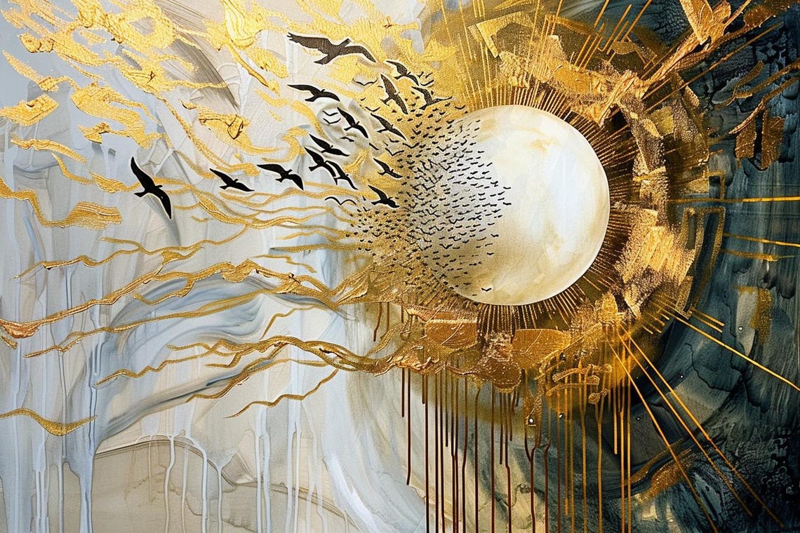 Golden Sun Orb With Birds Flying Abstract Radiant Light Poster - Image 2