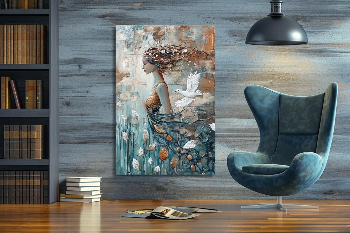 Woman In Flowing Teal Dress With White Dove Among Tall Reeds Poster - Image 2