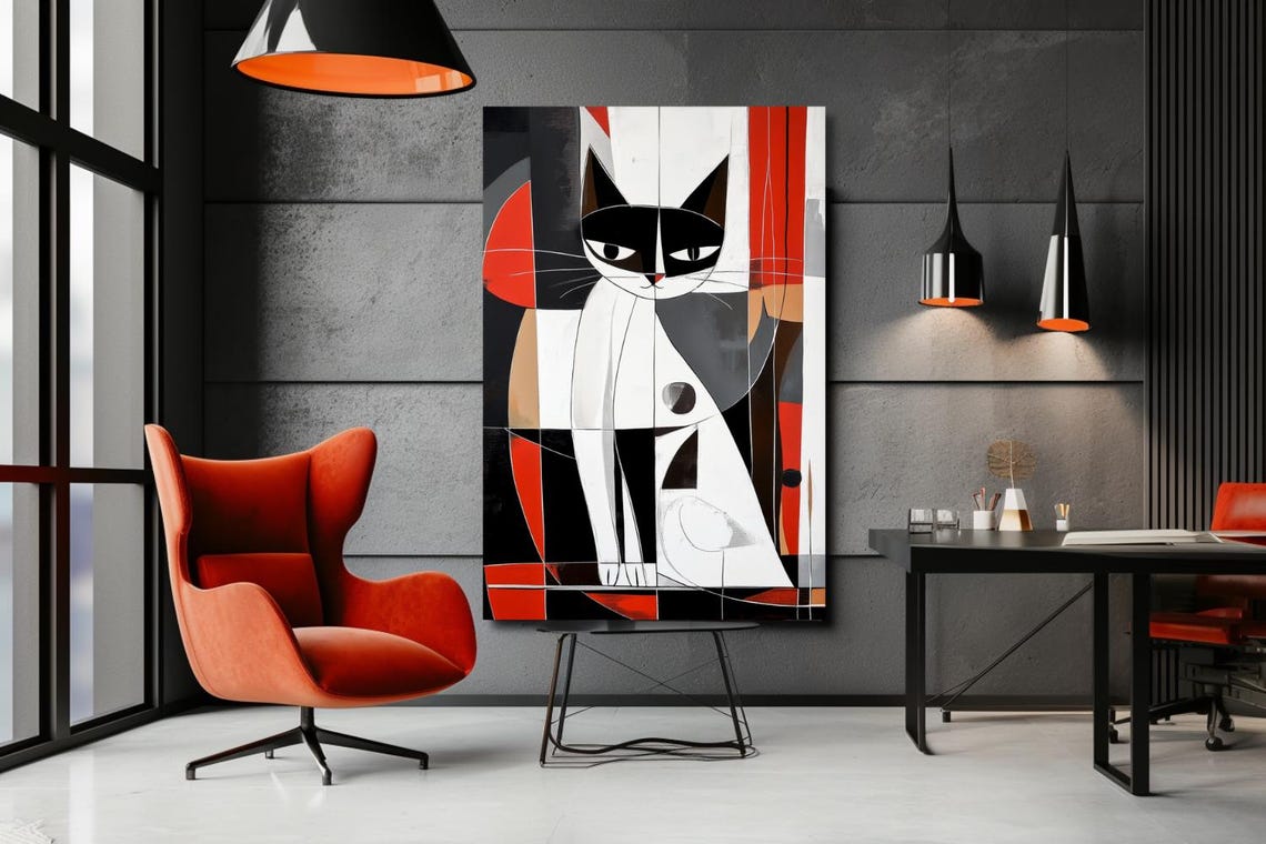 Cubist Black Cat Portrait with Intense Eyes Abstract Painting Poster - Image 3