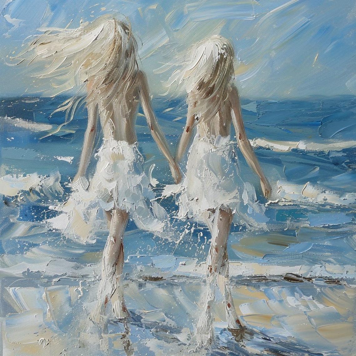 Two Happy Girls Holding Hands Walking Into Sparkling Ocean Surf Poster - Image 2