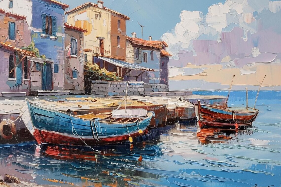 Mediterranean Harbor Boats Colorful Waterfront Painting Poster - Image 2