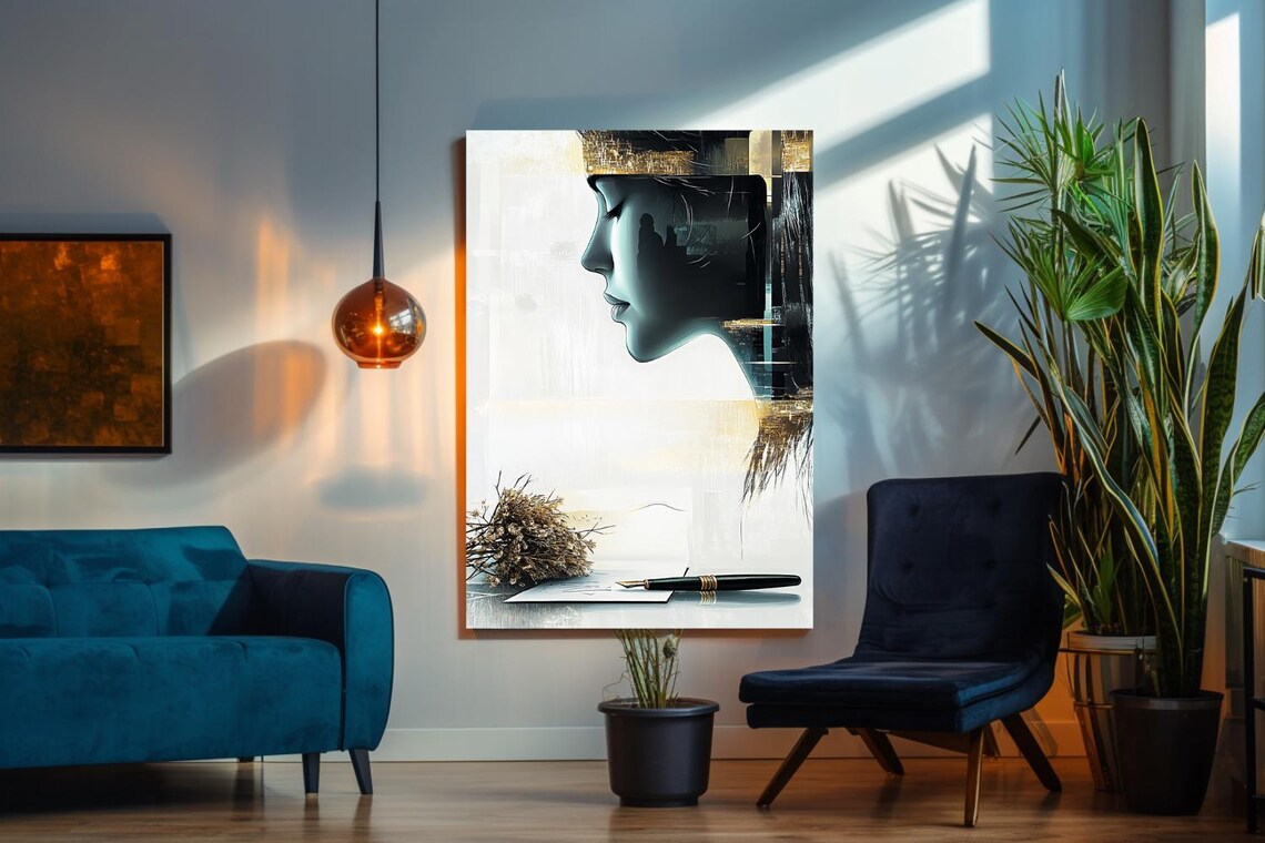Minimalist Woman's Profile with Fountain Pen Abstract Painting Poster