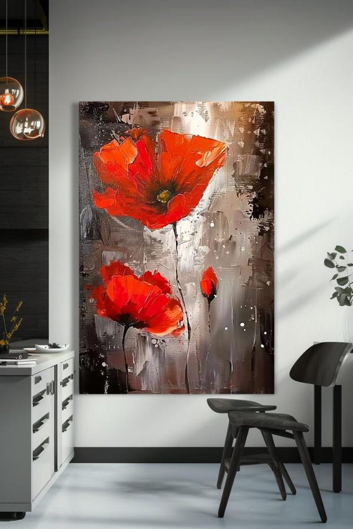 Red Poppies On Grey Textured Abstract Floral Modern Art Poster - Image 2
