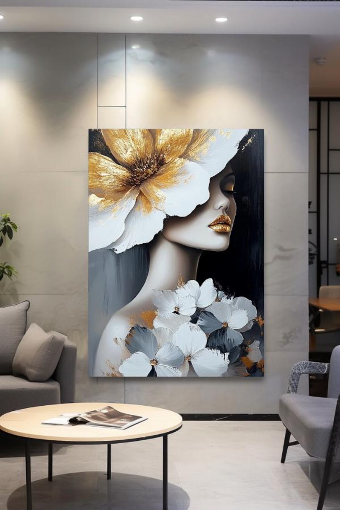 Bloom Elegant Woman With Large White And Gold Flowers Poster