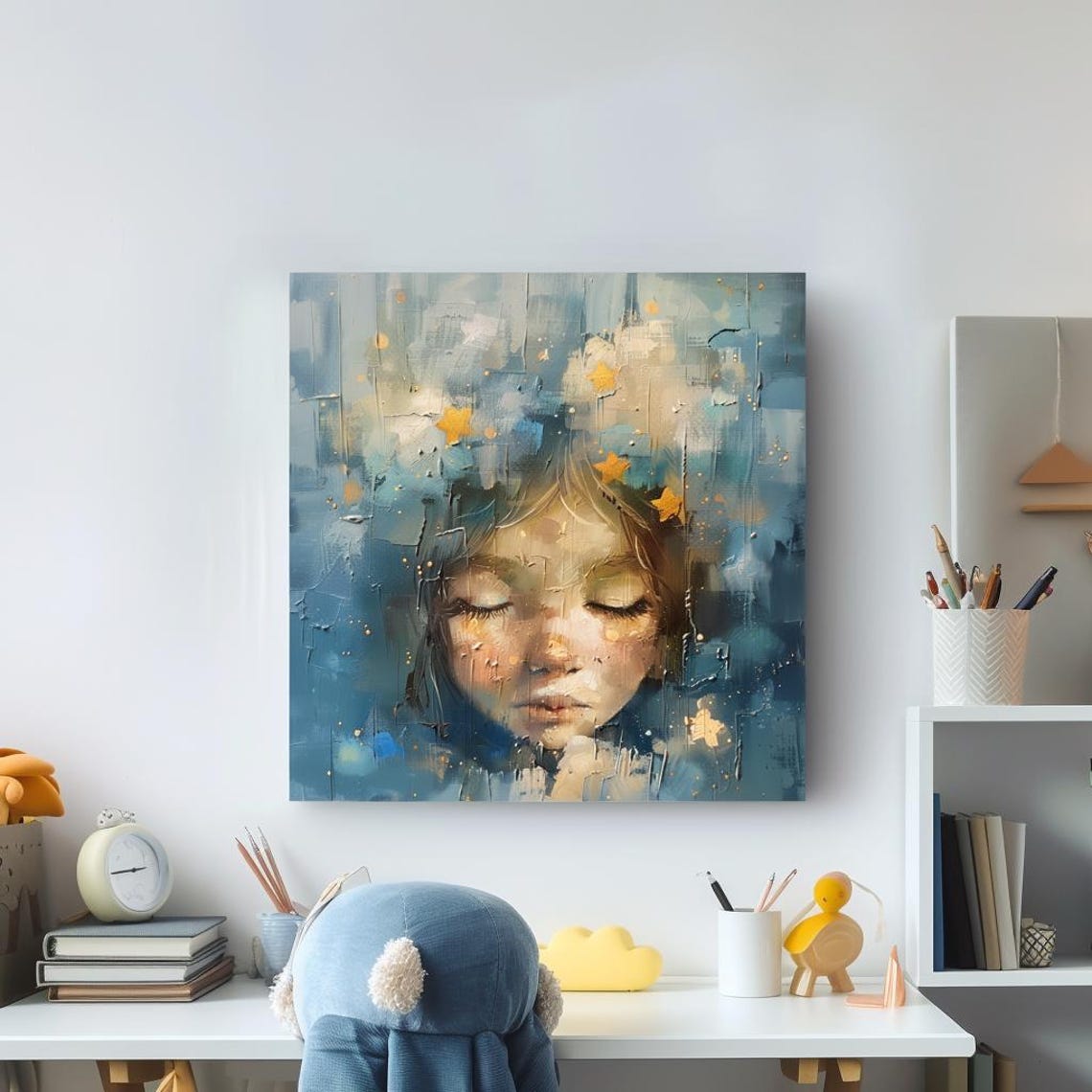 Sleeping Child Face Among Gold Stars Dreamy Blue Nursery Poster