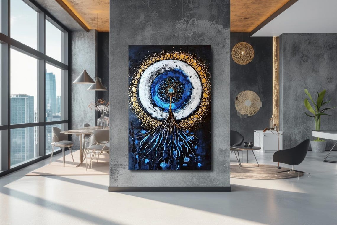 Tree Of Life Inside Blue And Gold Cosmic Circle On Black Poster - Image 2