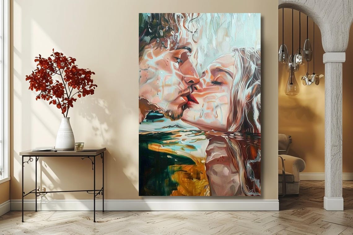Lovers Kiss Under Water Droplets Romantic Abstract Art Poster - Image 3