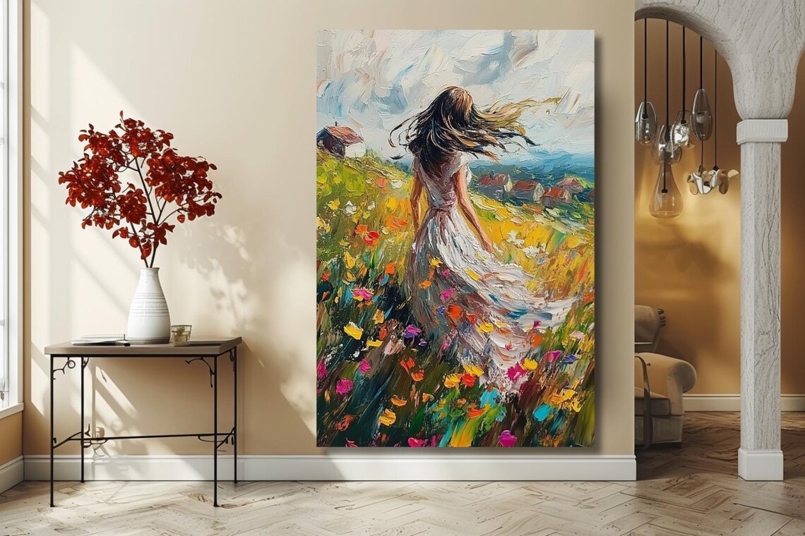 Woman In White Dress Walking Through Wildflower Field Poster - Image 2