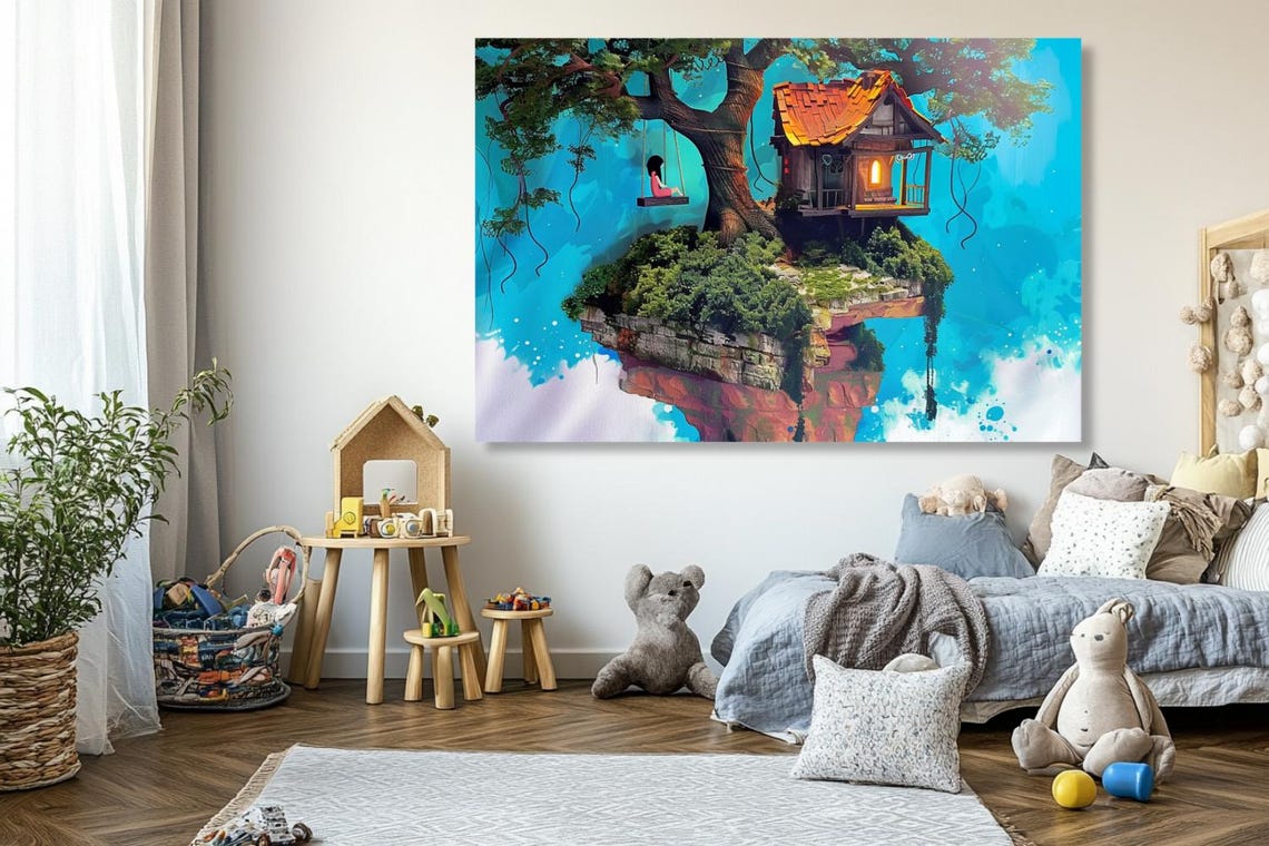 Floating Island Treehouse With Girl On Swing Fantasy Dream Poster - Image 2