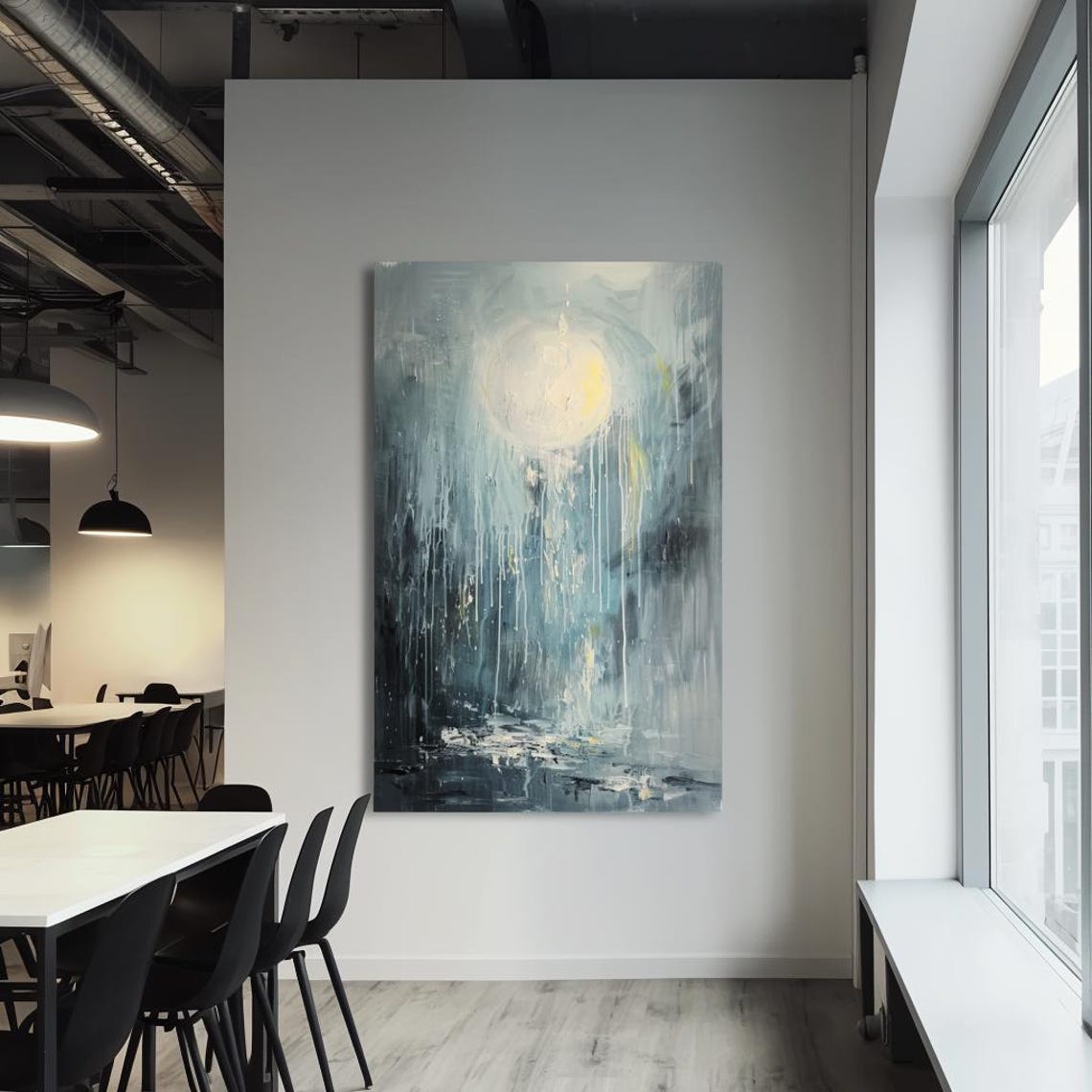 Glowing Moon Through Dripping Teal Rain Moody Abstract Poster