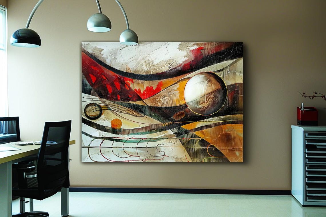 Abstract Space Harmony With Swirling Orbs In Red And Ochre Poster - Image 3