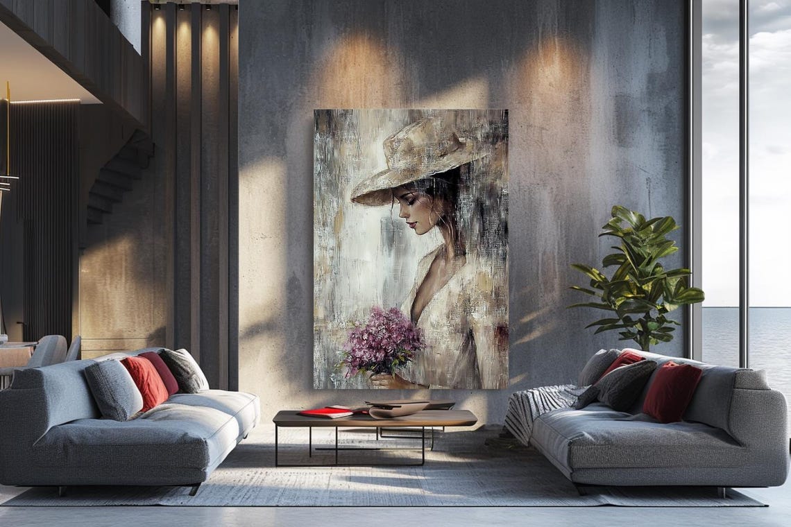 Woman In Straw Hat Holding Lilac Bouquet In Soft Rain Poster