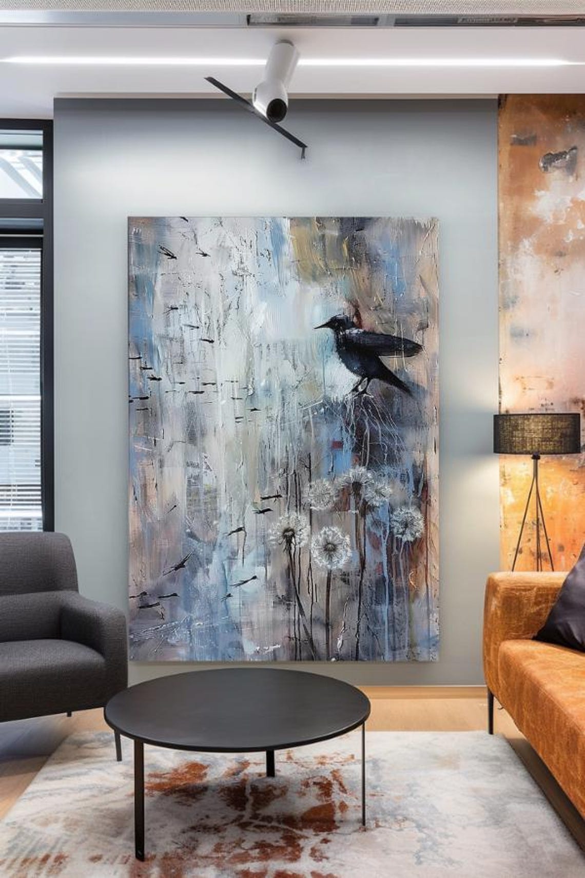 Black Bird Among Dandelions in Blue Abstract Painting Poster