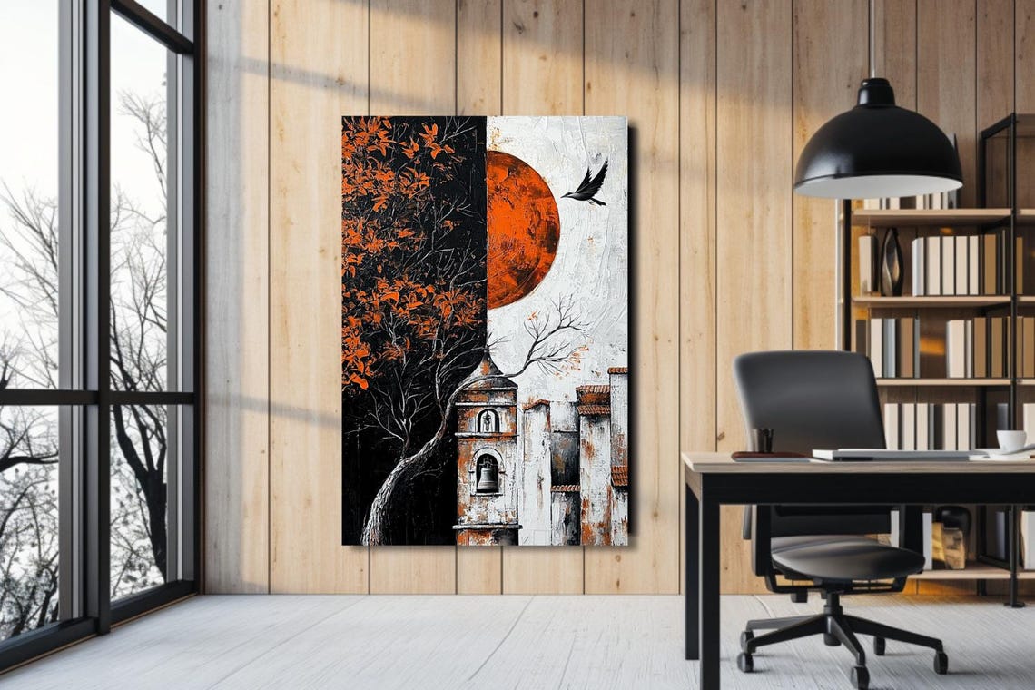 Split Day and Night Town with Orange Sun and Bird Abstract Poster