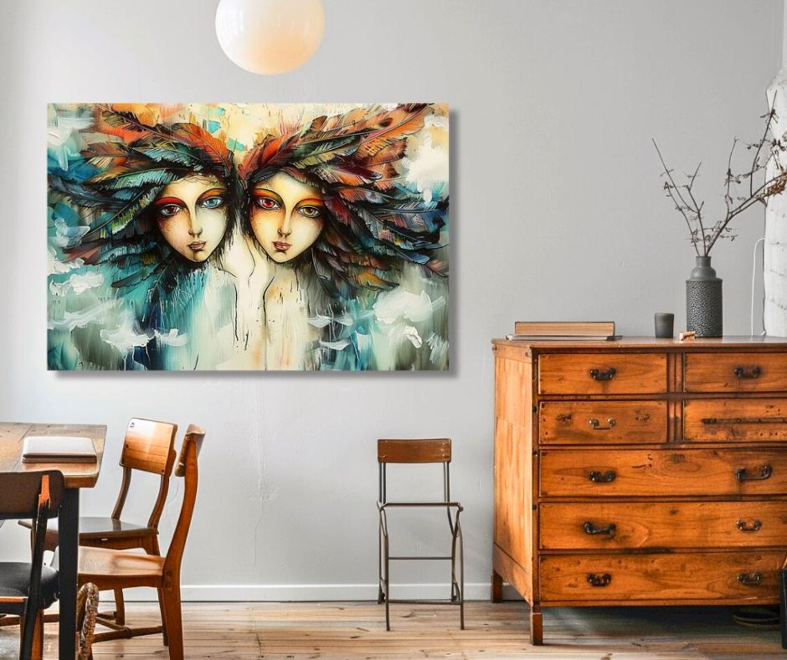 Kindred Souls Twin Women With Feather Headdresses Art Poster - Image 3