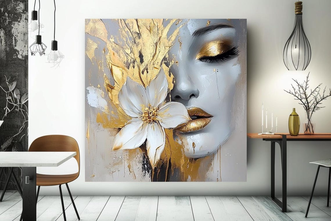 Serene Woman Face with Gold Leaf and White Flower Art Poster - Image 3