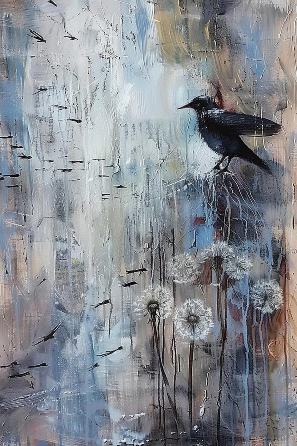 Black Bird Among Dandelions in Blue Abstract Painting Poster - Image 2