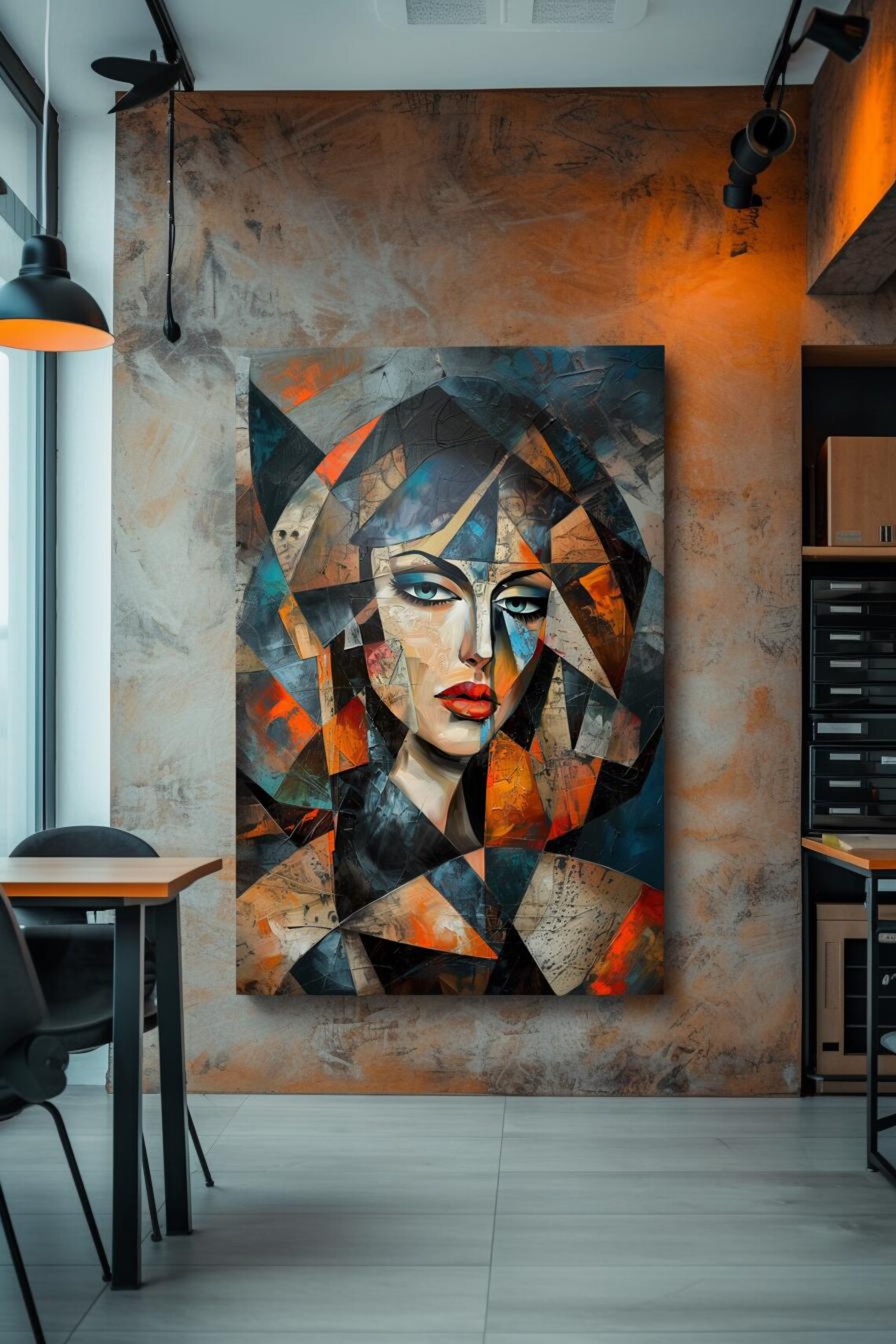 Cubist Woman Face In Bold Orange Teal Fragmented Portrait Poster - Image 3