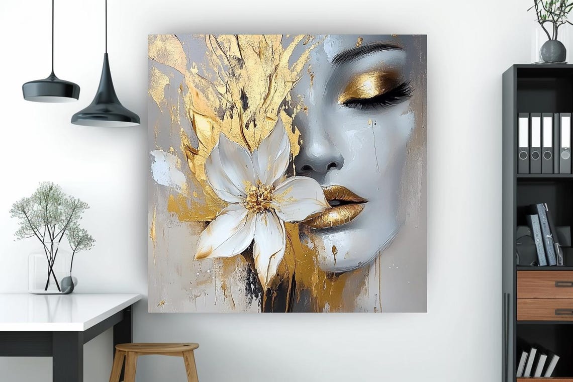 Serene Woman Face with Gold Leaf and White Flower Art Poster - Image 2