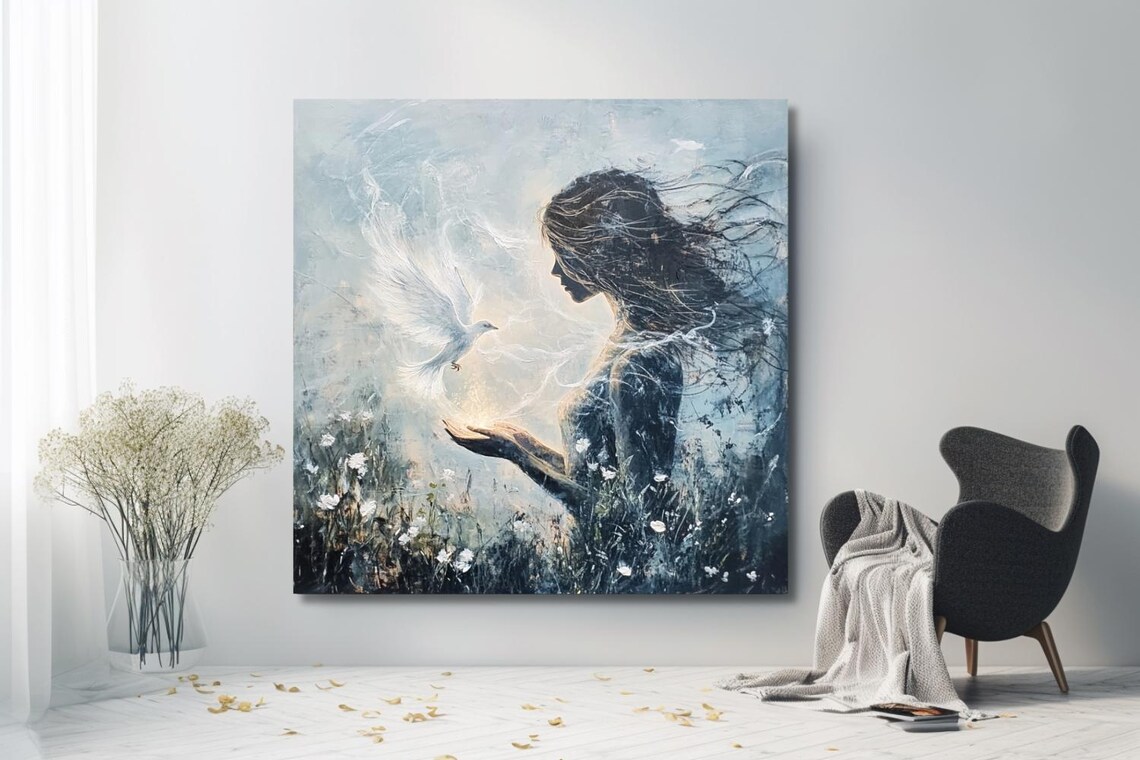Woman Releasing White Dove Watercolor Peace Hope Decor Poster