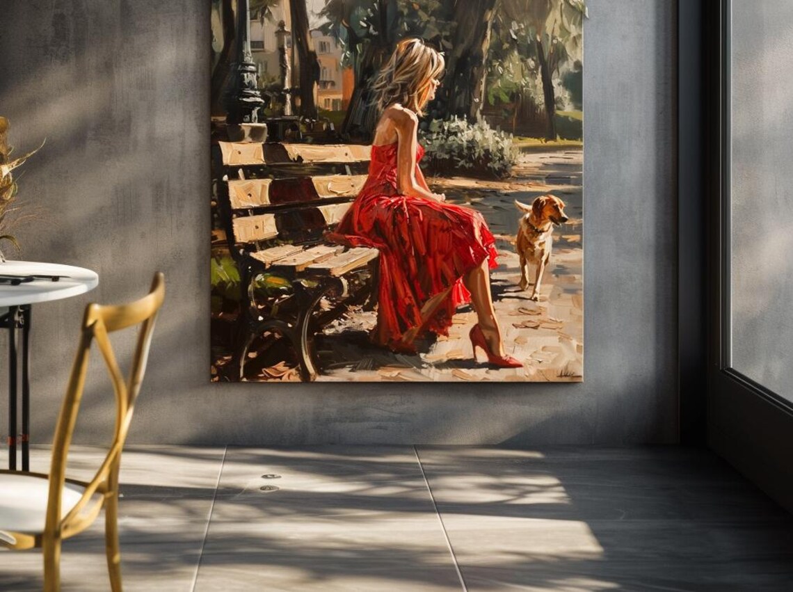 Woman In Red Dress On Park Bench With Dog Impressionist Poster - Image 3