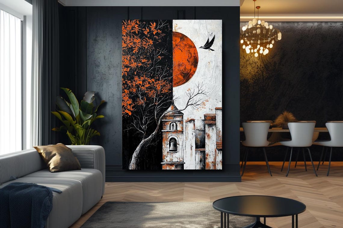 Split Day and Night Town with Orange Sun and Bird Abstract Poster - Image 2