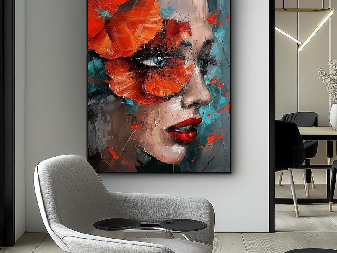 Red Poppy Over Her Eye Teal Abstract Portrait Painting Poster