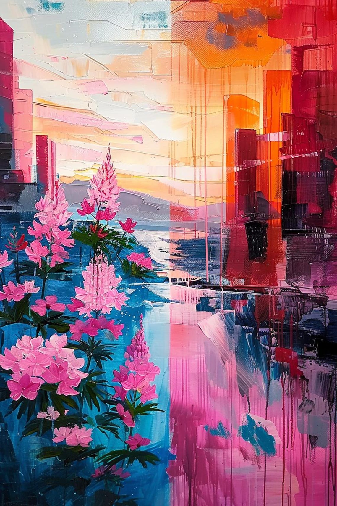 Pink Flowers Against City Sunset Abstract Colorful Modern Poster - Image 2