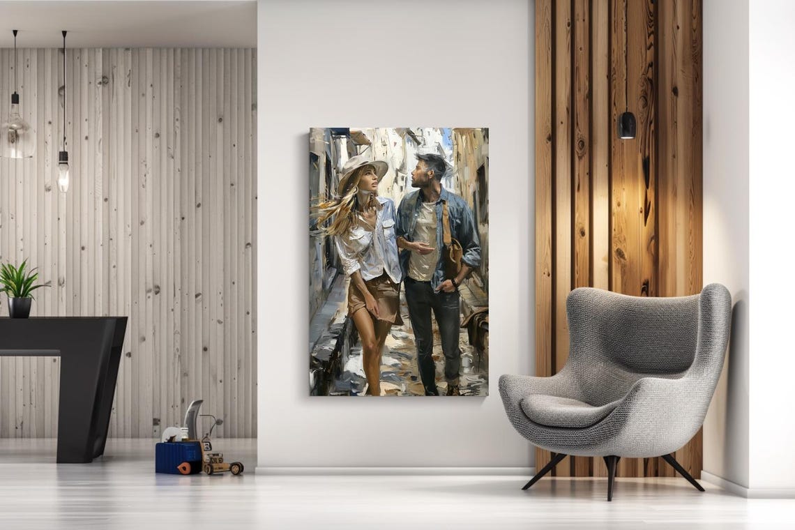 Romantic Couple Strolling European Old Town Impressionist Poster