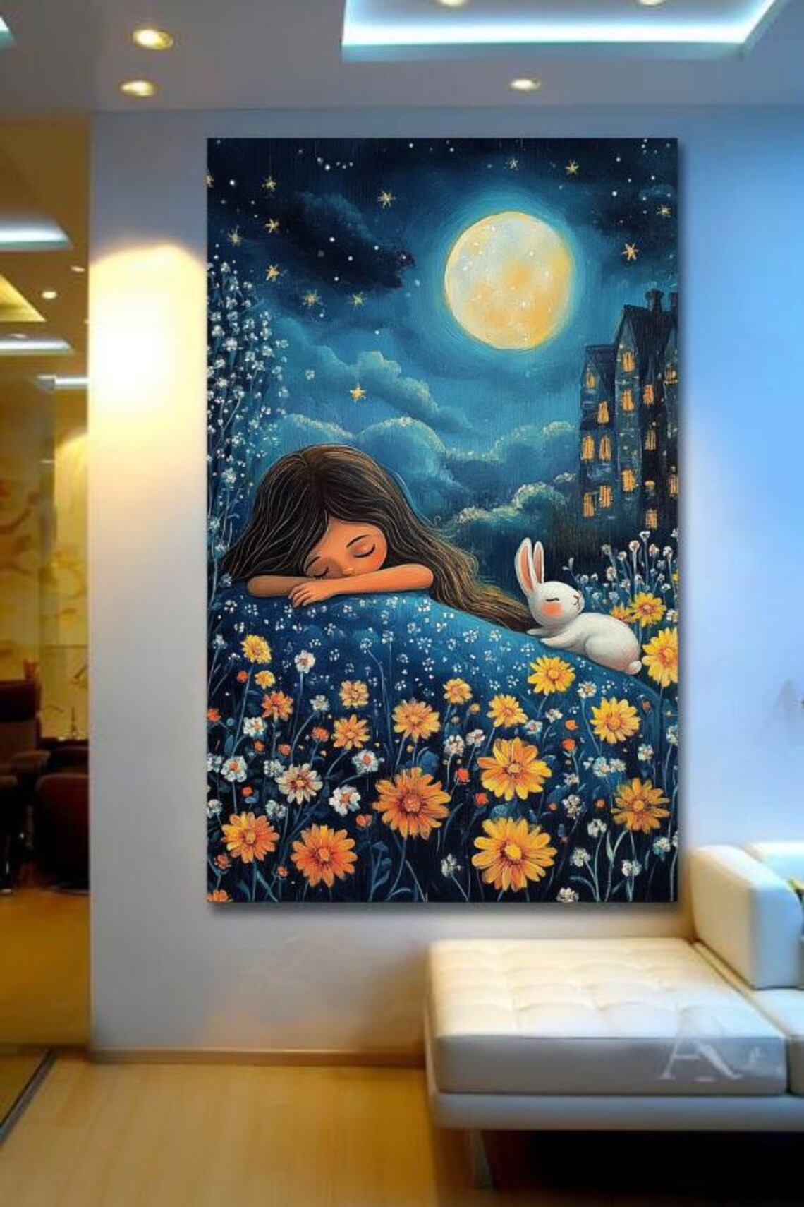 Sleeping Girl On Wildflower Hill Under Full Moon With Bunny Poster